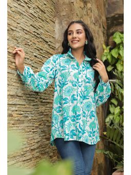 Gahan - Frill Details Turquoise Printed Peasant Top
