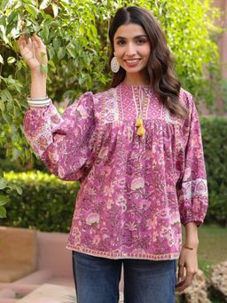 Gahan - Mauve Hand Block Printed Boho Volume Sleeves Top