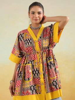 Gahan - Yellow Patchwork Printed One Size Kaftan Top