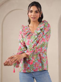 Gahan - Ice Blue Floral Printed V Neck Cotton Top