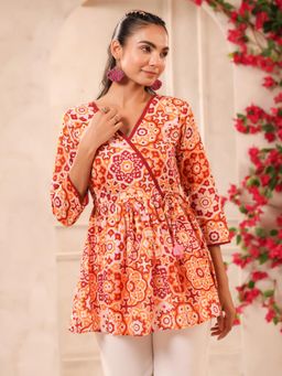 Gahan - Lurex Orange Floral Printed V Neck Cotton Top