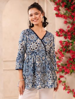 Gahan - Lurex Blue Floral Printed V Neck Cotton Top