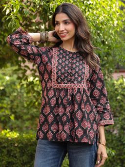 Gahan - Black Booti Handblock Printed & Embroidered A Line Top