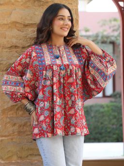 Gahan - Red Handblock Printed Boho Volume Sleeves Top