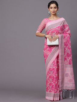 Akhilam - Women Brasso Pink Printed Designer Saree with Unstitched Blouse