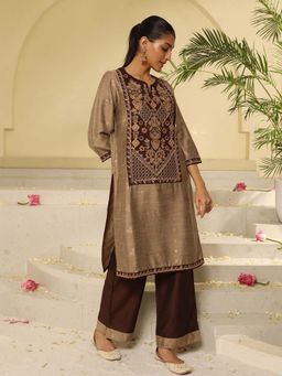 Lakshita - Women Brown Embroidered Kurta with Pant (Set of 2)