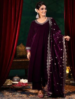 Libas - Burgundy Velvet Yoke Design Kurta Sets for Women