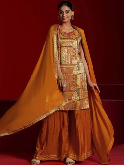 Libas - Women Orange Floral Kurta with Sharara and Dupatta (Set of 3)