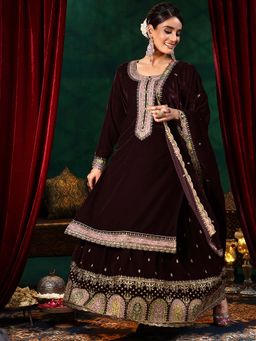 Libas - Burgundy Velvet Embroidered Kurta Sets for Women