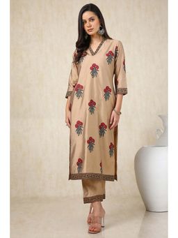 Soch - Women Brown Floral Kurta with Pant (Set of 2)