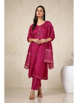 Soch - Women Magenta Embroidered Kurta with Pant and Dupatta (Set of 3)