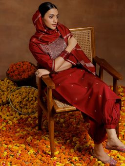 Gerua By Libas - Maroon Silk Blend Yoke Design Kurta Sets for Women