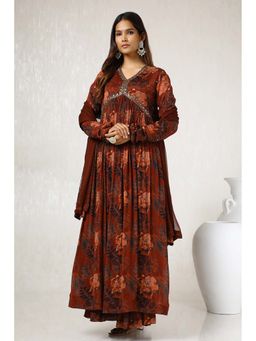 Soch - Women Brown Floral Kurta with Sharara and Dupatta (Set of 3)