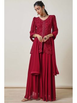 Soch - Women Red Embroidered Top with Palazzo and Dupatta (Set of 3)
