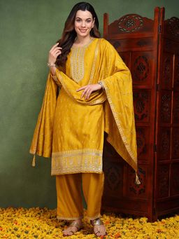Vaamsi - Women Mustard Embroidered Kurta with Palazzo and Dupatta (Set of 3)