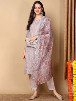 Vaamsi - Women Grey Floral Kurta with Pant and Dupatta (Set of 3)