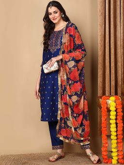 Vaamsi - Women Navy Blue Embroidered Kurta with Pant and Dupatta (Set of 3)
