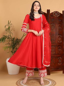 Vaamsi - Women Red Embroidered Kurta with Palazzo and Dupatta (Set of 3)