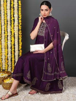 Vaamsi - Women Purple Woven Kurta with Pant and Dupatta (Set of 3)