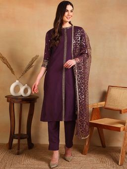 Vaamsi - Women Purple Embroidered Kurta with Pant and Dupatta (Set of 3)
