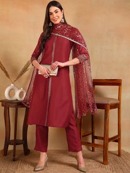 Vaamsi - Women Red Embroidered Kurta with Pant and Dupatta (Set of 3)