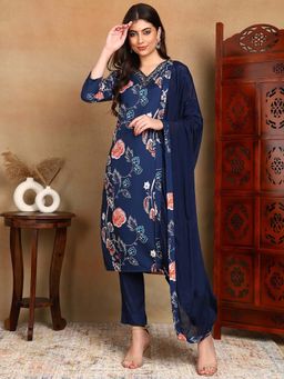 Vaamsi - Women Blue Floral Kurta with Pant and Dupatta (Set of 3)