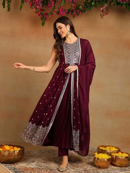 Vaamsi - Women Burgundy Embroidered Kurta with Pant and Dupatta (Set of 3)