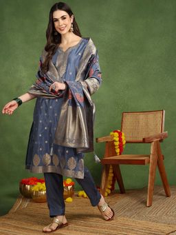 Vaamsi - Women Blue Woven Kurta with Pant and Dupatta (Set of 3)