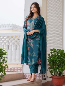 Vaamsi - Women Teal Abstract Kurta with Pant and Dupatta (Set of 3)