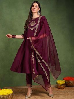 Vaamsi - Women Burgundy Embroidered Kurta with Pant and Dupatta (Set of 3)