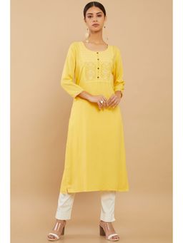 Soch - Women Mustard Rayon Embroidered Kurta