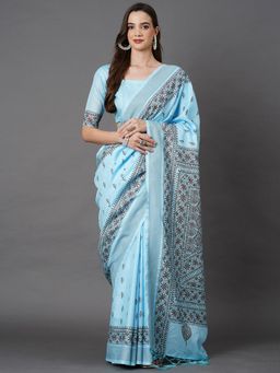 Akhilam - Women Art Silk Turquoise Printed Designer Saree with Unstitched Blouse Piece