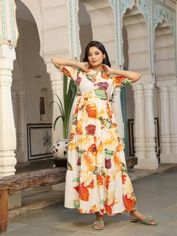 Gahan - Women Printed Cotton Long Gown - White