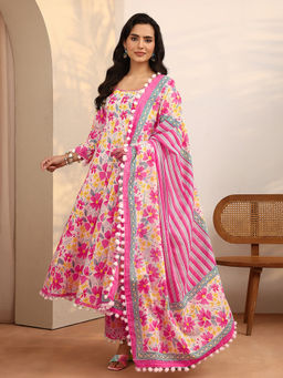 Libas - Pink Floral Printed Anarkali Kurta with Palazzo and Dupatta