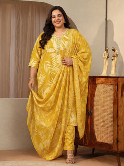 Extra love by Libas - Mustard Floral Printed Kurta with Pant and Dupatta