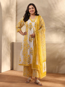 Extra love by Libas - Plus Size Yellow Floral Printed Anarkali Kurta with Palazzo and Dupatta