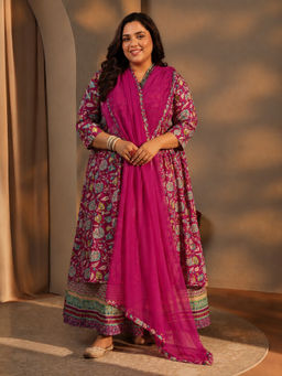 Extra love by Libas - Plus Size Wine Floral Printed Anarkali Kurta with Palazzo and Dupatta