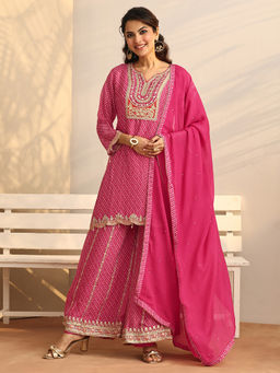 Libas Art - Pink Printed Bandhani Kurta with Palazzo and Dupatta