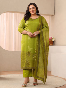 Extra love by Libas - Plus Size Green Printed Beads Work Kurta with Pant and Dupatta