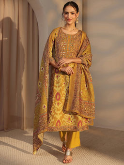 Libas - Mustard Printed Mirror Work Kurta with Pant and Dupatta