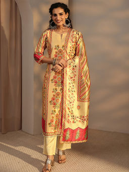 Libas - Beige Printed Mirror Work Kurta with Pant and Dupatta