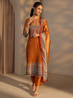 Libas - Orange Printed Mirror Work Kurta with Pant and Dupatta