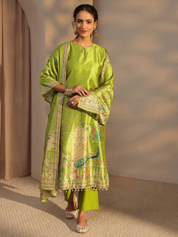 Libas - Green Printed Mirror Work Kurta with Pant and Dupatta