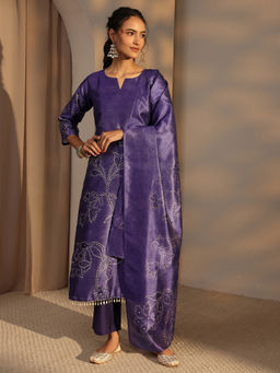 Libas - Purple Floral Mirror Work Kurta with Pant and Dupatta