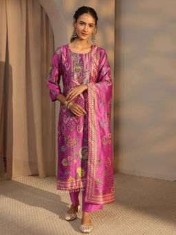 Libas - Pink Floral Mirror Work Kurta with Pant and Dupatta
