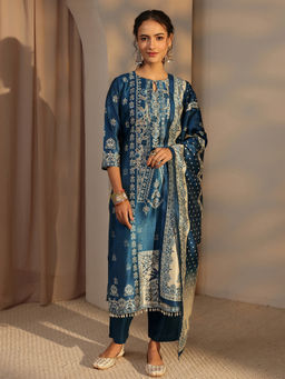Libas - Teal Floral Mirror Work Kurta with Pant and Dupatta