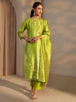 Libas - Green Printed Mirror Work Kurta with Pant and Dupatta