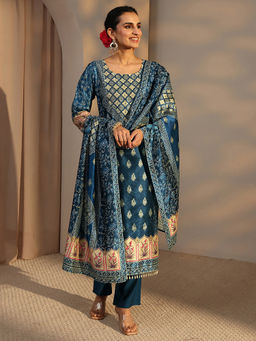 Libas - Teal Printed Mirror Work Kurta with Pant and Dupatta