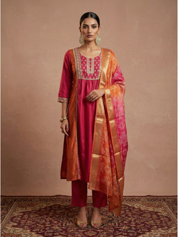 Autumnlane - Pink Colorblock Embroidered Kurta with Pant and Dupatta
