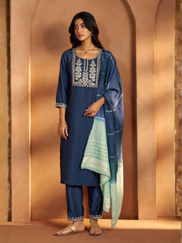 Autumnlane - Navy Blue Embroidered Sequined Work Kurta with Pant and Dupatta